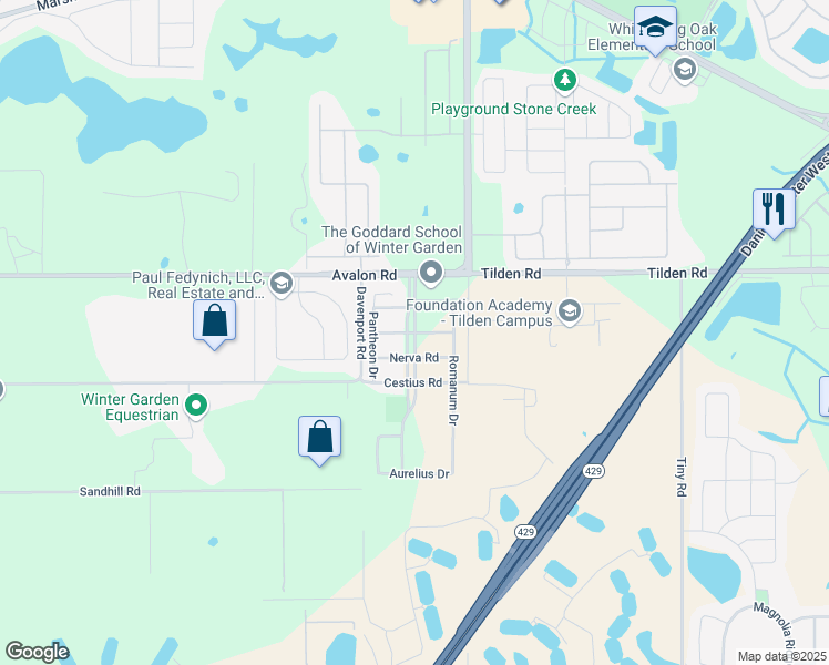map of restaurants, bars, coffee shops, grocery stores, and more near 2014 Curia Road in Winter Garden