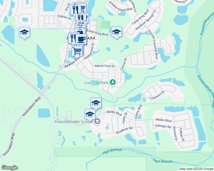 map of restaurants, bars, coffee shops, grocery stores, and more near 3942 Cassia Drive in Orlando