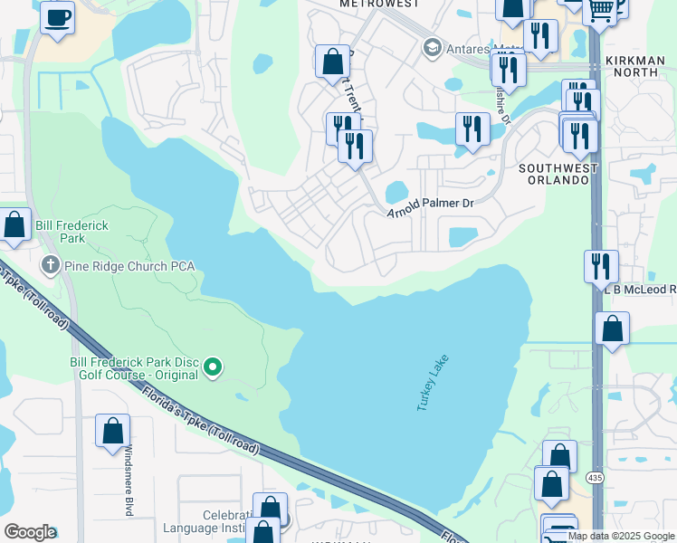 map of restaurants, bars, coffee shops, grocery stores, and more near 3338 Robert Trent Jones Drive in Orlando