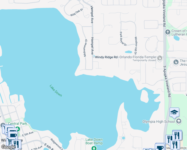 map of restaurants, bars, coffee shops, grocery stores, and more near 9526 Lavill Court in Windermere