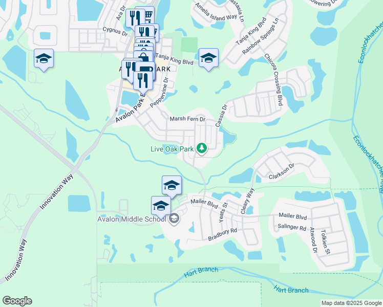 map of restaurants, bars, coffee shops, grocery stores, and more near 3942 Cassia Drive in Orlando