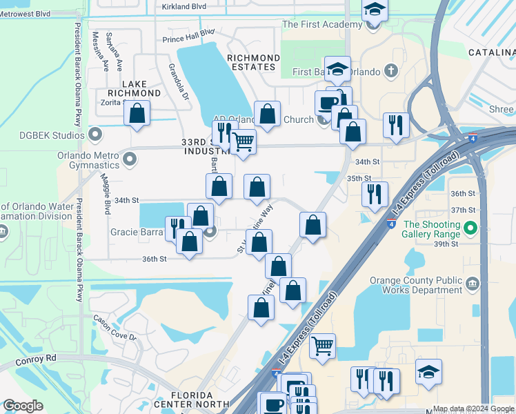 map of restaurants, bars, coffee shops, grocery stores, and more near 4315 34th Street in Orlando