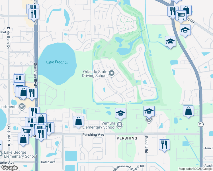 map of restaurants, bars, coffee shops, grocery stores, and more near 3640 Southpointe Drive in Orlando