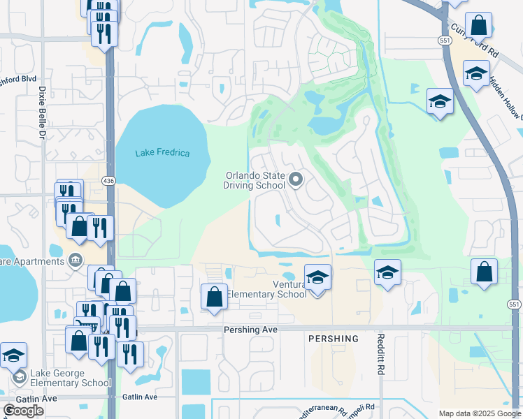 map of restaurants, bars, coffee shops, grocery stores, and more near 3613 Atrium Drive in Orlando