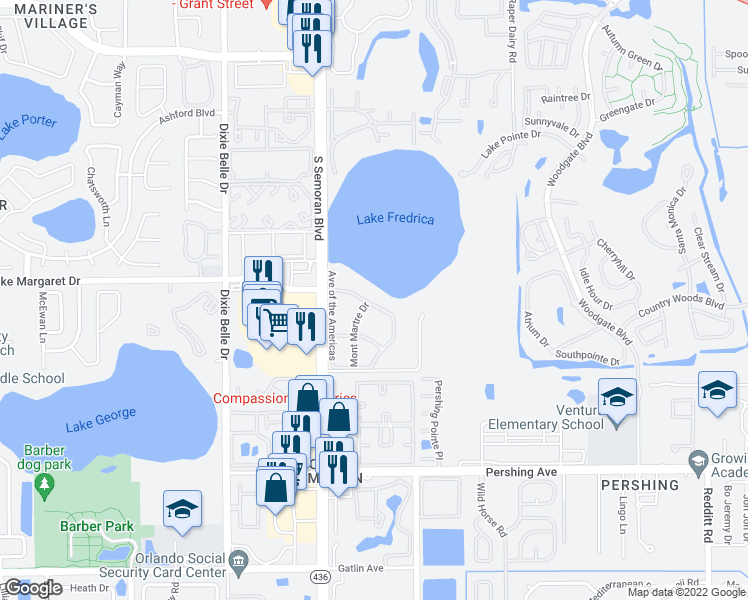 map of restaurants, bars, coffee shops, grocery stores, and more near 5749 5 Flags Boulevard in Orlando