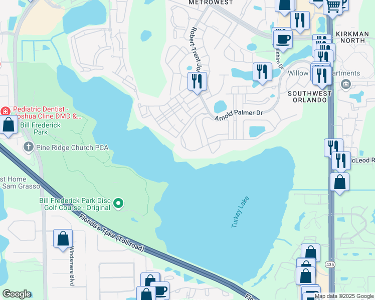 map of restaurants, bars, coffee shops, grocery stores, and more near 3338 Robert Trent Jones Drive in Orlando