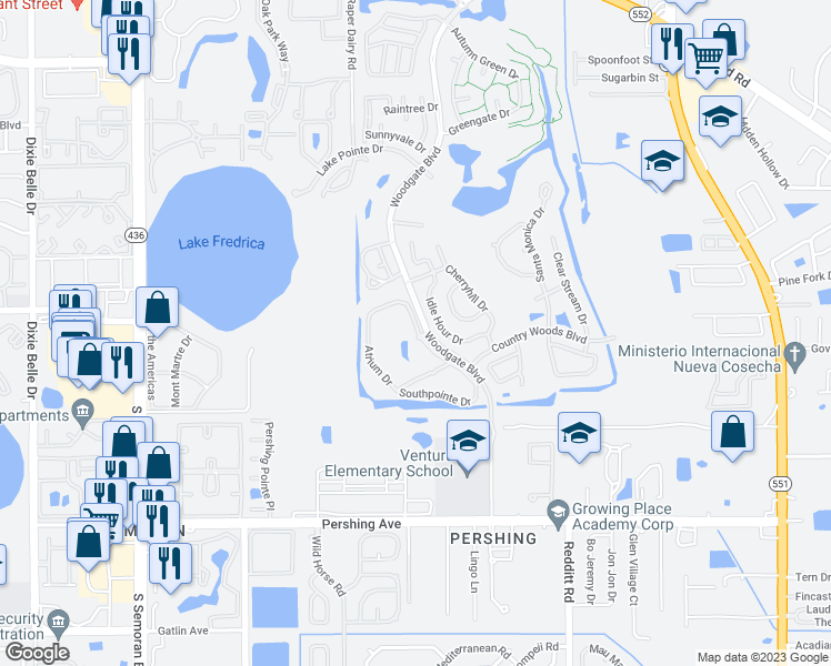 map of restaurants, bars, coffee shops, grocery stores, and more near 3842 Southpointe Drive in Orlando