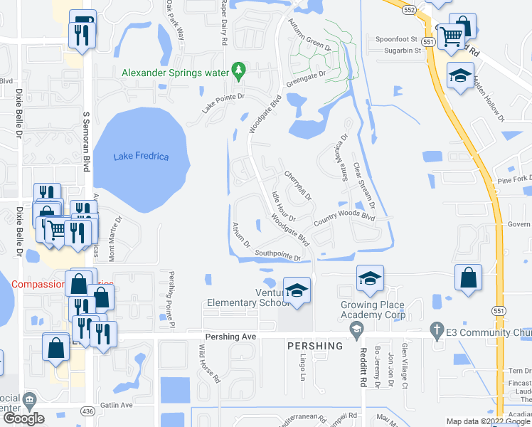 map of restaurants, bars, coffee shops, grocery stores, and more near 3640 Southpointe Drive in Orlando