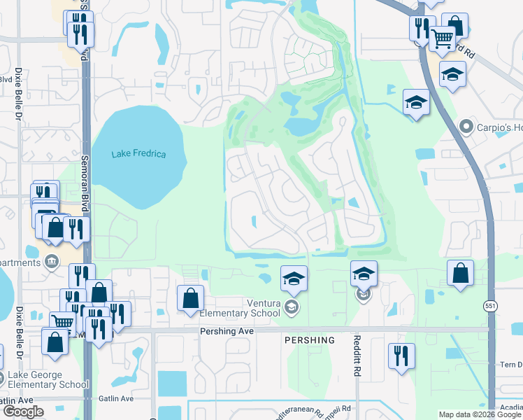 map of restaurants, bars, coffee shops, grocery stores, and more near 3664 Southpointe Drive in Orlando