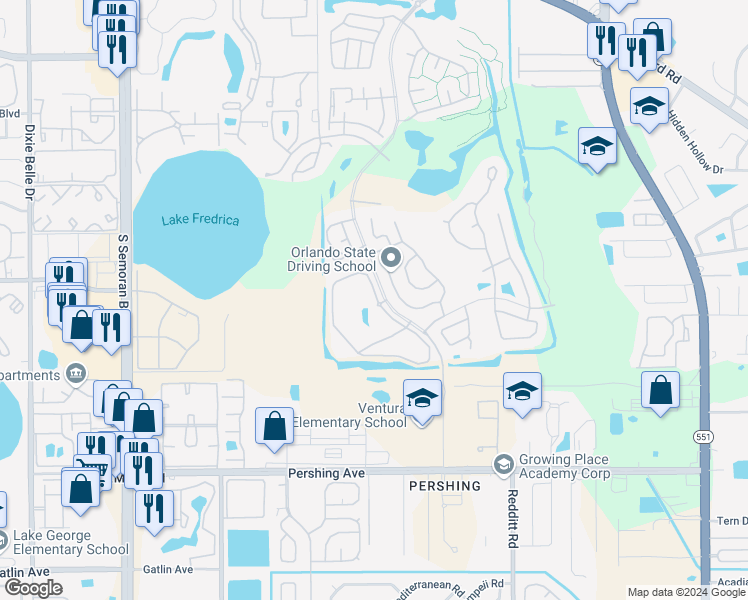 map of restaurants, bars, coffee shops, grocery stores, and more near 3640 Southpointe Drive in Orlando