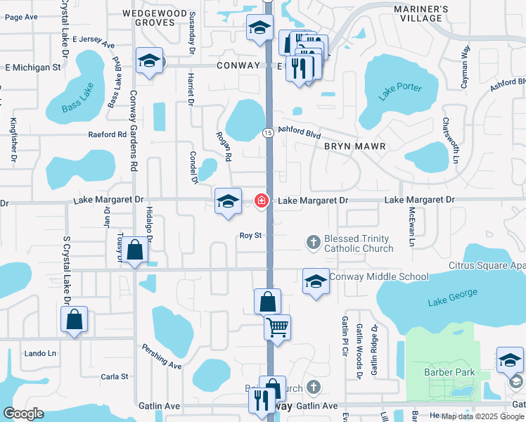 map of restaurants, bars, coffee shops, grocery stores, and more near in Conway