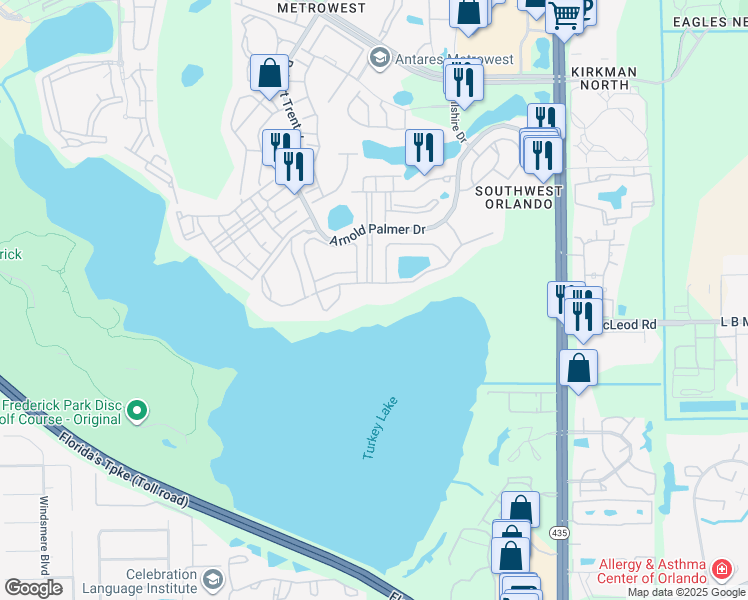 map of restaurants, bars, coffee shops, grocery stores, and more near 6296 Buford Street in Orlando