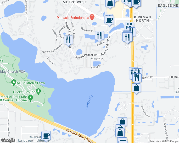 map of restaurants, bars, coffee shops, grocery stores, and more near 6296 Buford Street in Orlando