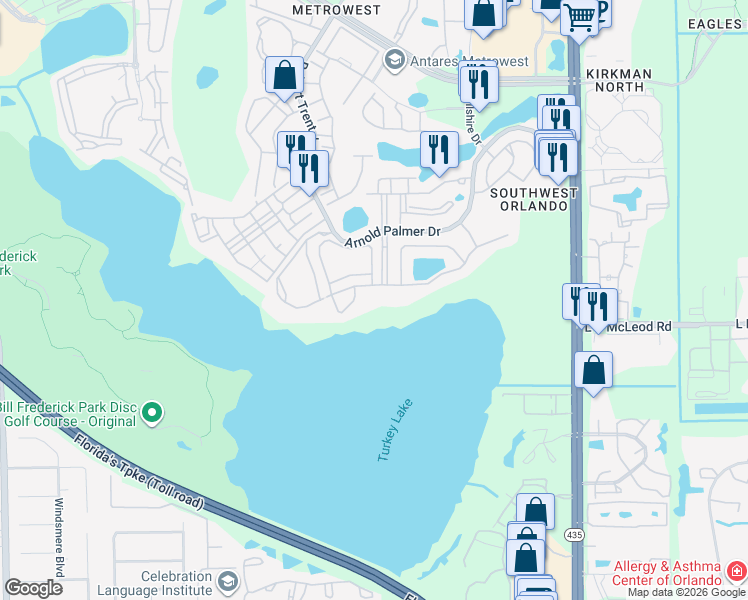 map of restaurants, bars, coffee shops, grocery stores, and more near 104 Daysbrook Drive in Orlando