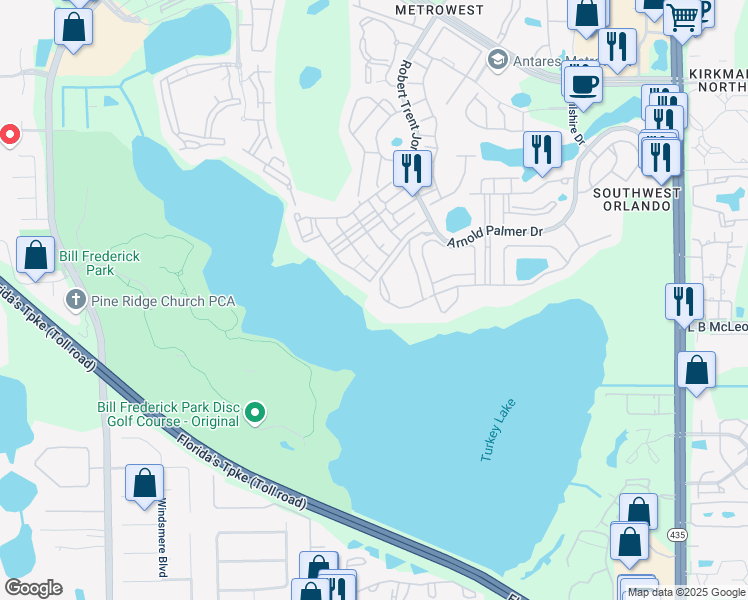 map of restaurants, bars, coffee shops, grocery stores, and more near 3480 Soho Street in Orlando