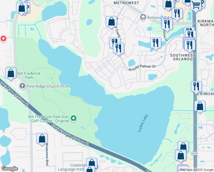 map of restaurants, bars, coffee shops, grocery stores, and more near 3480 Soho Street in Orlando
