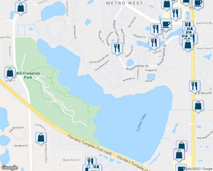 map of restaurants, bars, coffee shops, grocery stores, and more near 3480 Soho Street in Orlando