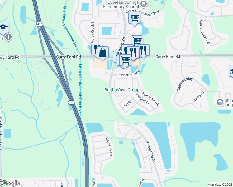map of restaurants, bars, coffee shops, grocery stores, and more near 10226 Andover Point Circle in Orlando