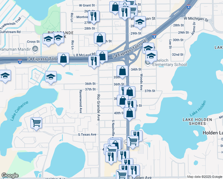 map of restaurants, bars, coffee shops, grocery stores, and more near 1501 37th Street in Orlando