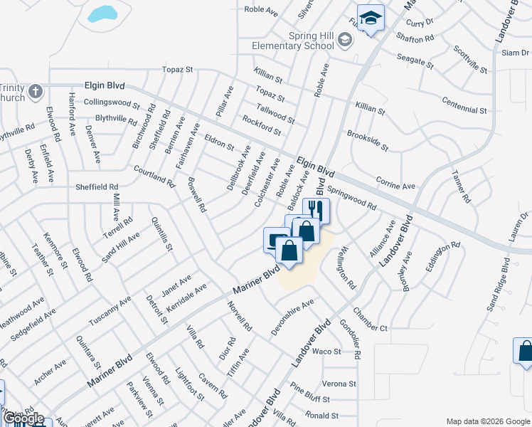 map of restaurants, bars, coffee shops, grocery stores, and more near 5195 Colchester Avenue in Spring Hill