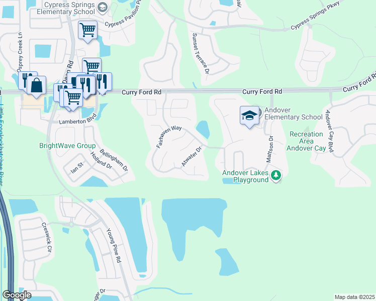 map of restaurants, bars, coffee shops, grocery stores, and more near 3121 Cambria Court in Orlando