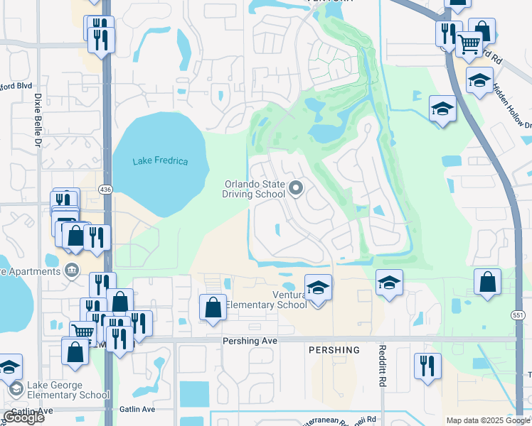 map of restaurants, bars, coffee shops, grocery stores, and more near 3640 Southpointe Drive in Orlando