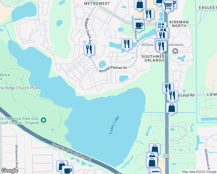 map of restaurants, bars, coffee shops, grocery stores, and more near 104 Daysbrook Drive in Orlando