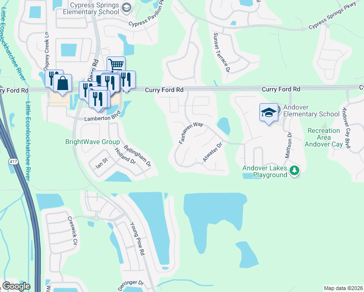 map of restaurants, bars, coffee shops, grocery stores, and more near 10713 Fairhaven Way in Orlando