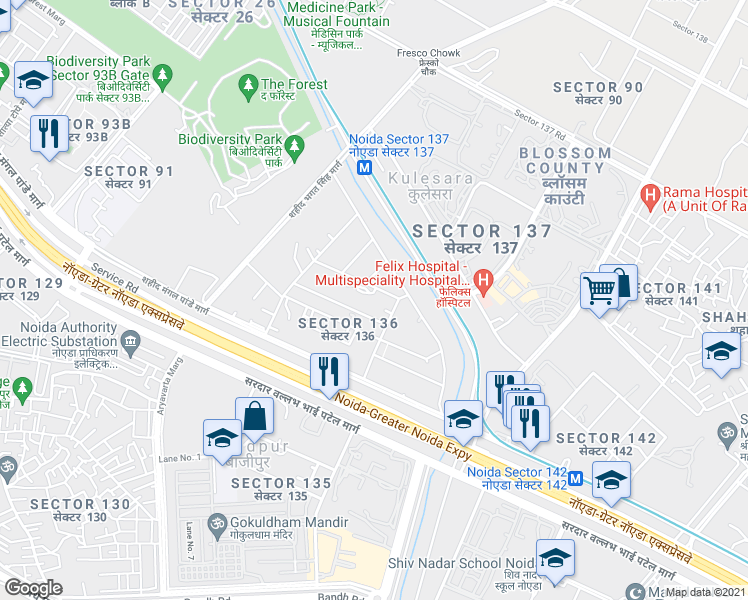 map of restaurants, bars, coffee shops, grocery stores, and more near Noida Greater Noida Express Way in New Okhla Industrial Development Area