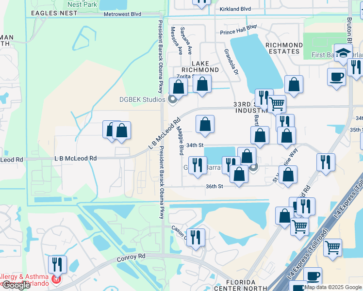 map of restaurants, bars, coffee shops, grocery stores, and more near 3400 Maggie Boulevard in Orlando