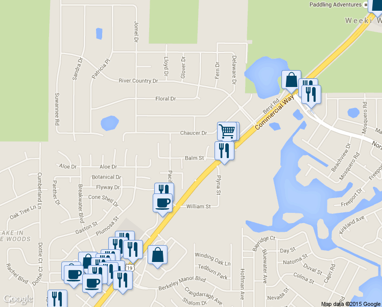 map of restaurants, bars, coffee shops, grocery stores, and more near 8424 Balm Street in Spring Hill