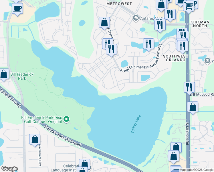 map of restaurants, bars, coffee shops, grocery stores, and more near 3338 Robert Trent Jones Drive in Orlando