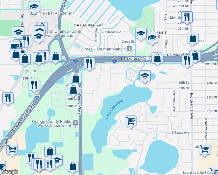 map of restaurants, bars, coffee shops, grocery stores, and more near 3522 Manitou Drive in Orlando