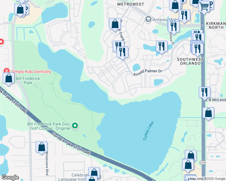 map of restaurants, bars, coffee shops, grocery stores, and more near 3480 Soho Street in Orlando