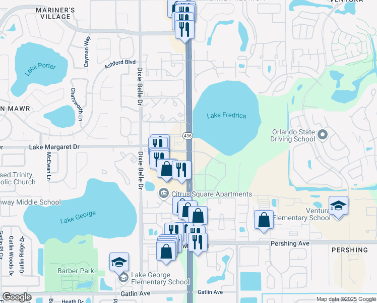 map of restaurants, bars, coffee shops, grocery stores, and more near S Semoran Blvd & Lake Margaret Dr in Orlando