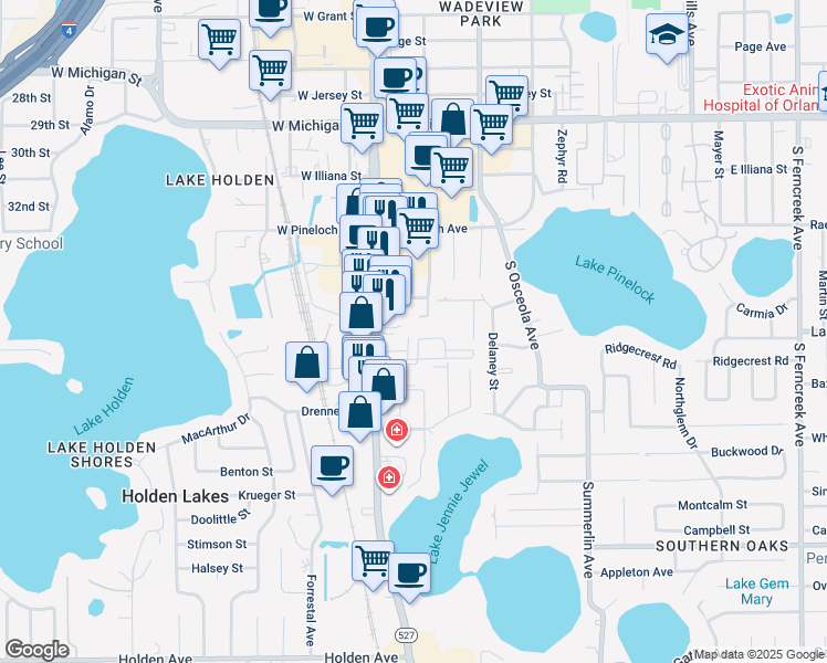 map of restaurants, bars, coffee shops, grocery stores, and more near 3349 South Orange Avenue in Orlando