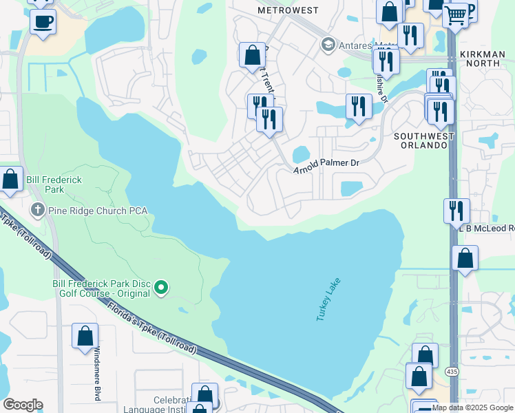 map of restaurants, bars, coffee shops, grocery stores, and more near 3338 Robert Trent Jones Drive in Orlando