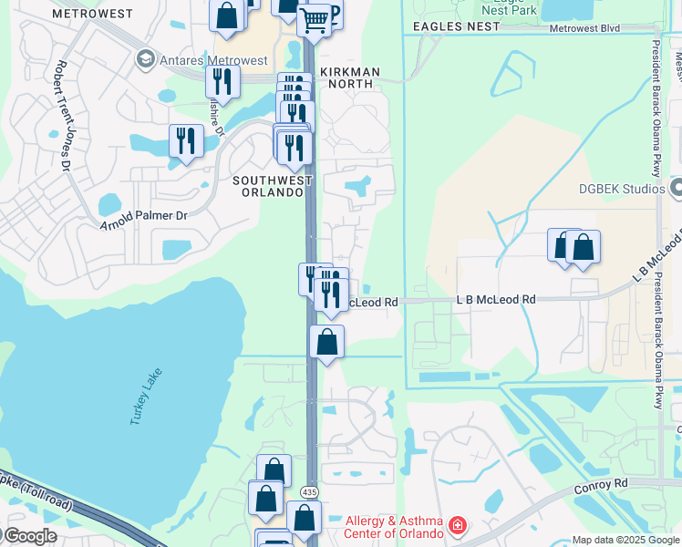 map of restaurants, bars, coffee shops, grocery stores, and more near 3367 South Kirkman Road in Orlando