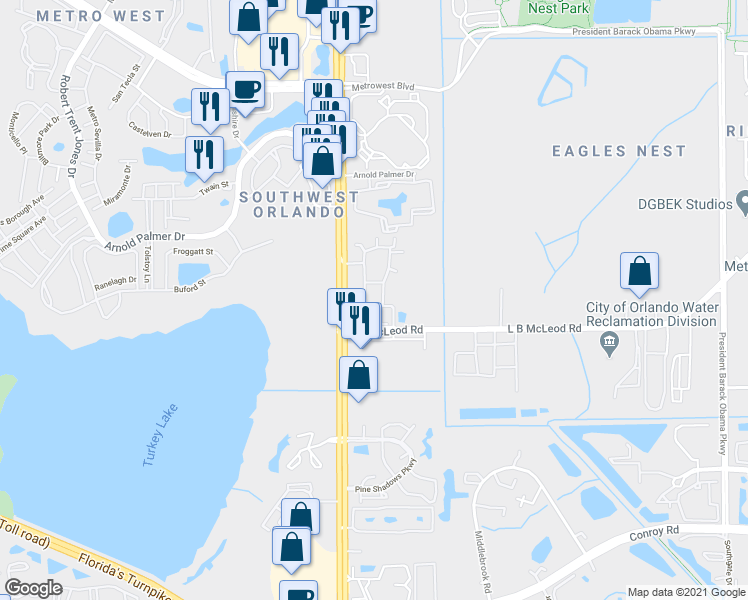 map of restaurants, bars, coffee shops, grocery stores, and more near 3367 South Kirkman Road in Orlando