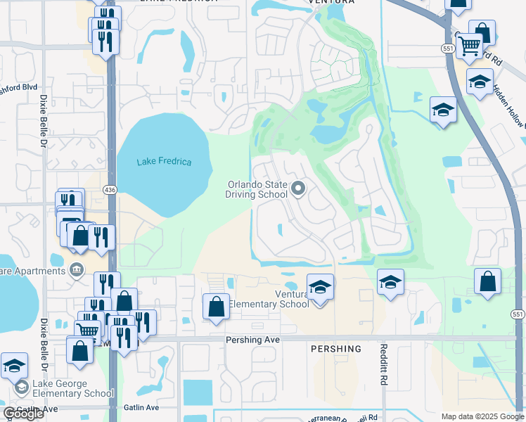 map of restaurants, bars, coffee shops, grocery stores, and more near 3613 Atrium Drive in Orlando