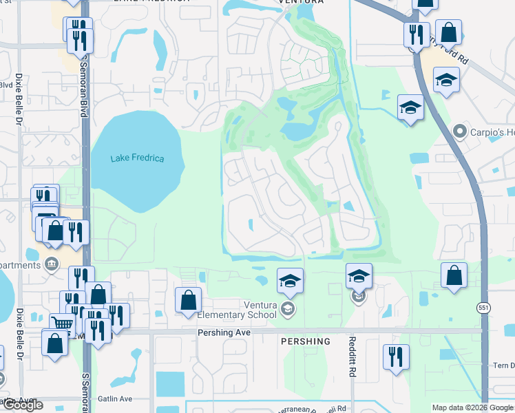 map of restaurants, bars, coffee shops, grocery stores, and more near 3640 Southpointe Drive in Orlando