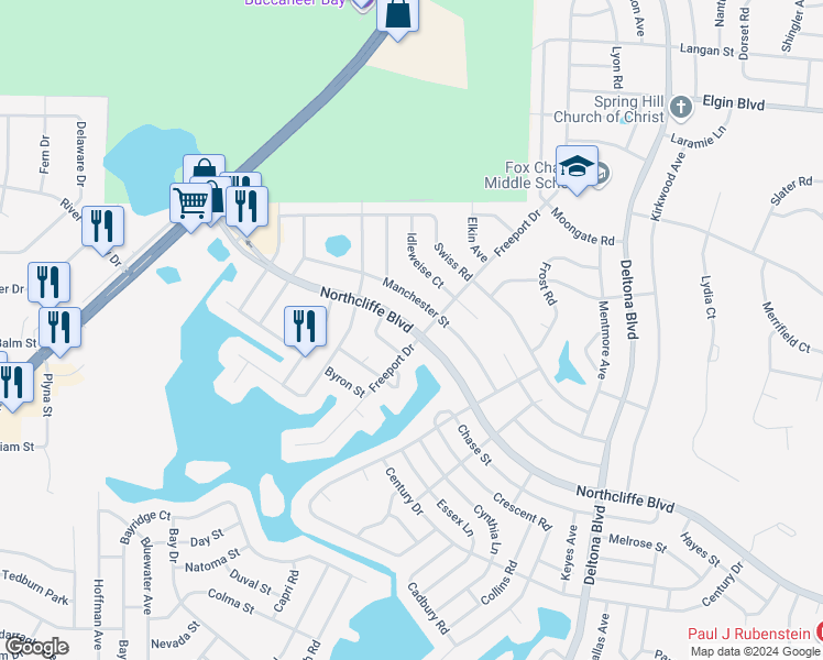 map of restaurants, bars, coffee shops, grocery stores, and more near 9126 Northcliffe Boulevard in Spring Hill