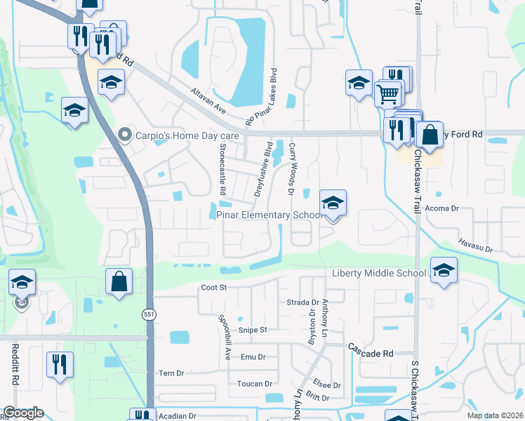 map of restaurants, bars, coffee shops, grocery stores, and more near 7940 Stonecastle Road in Orlando