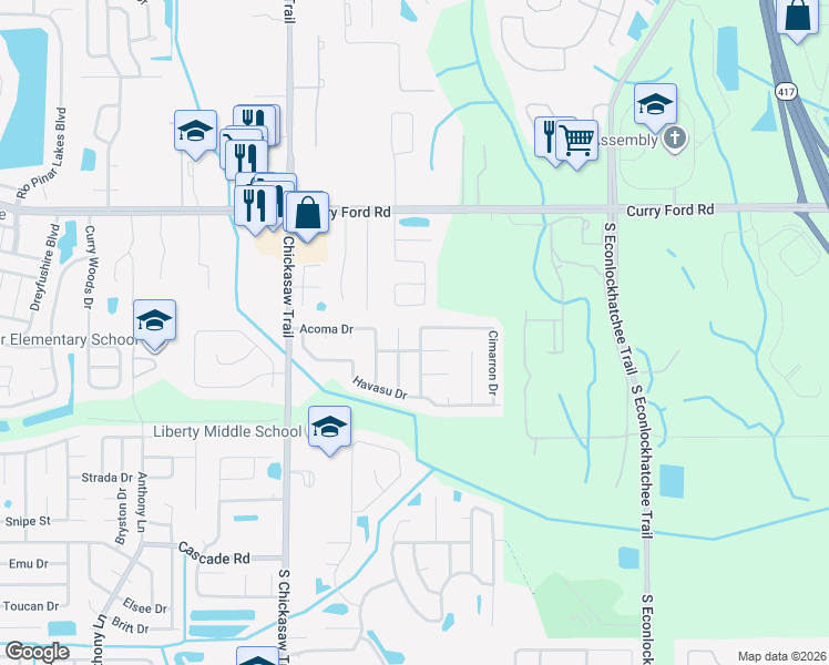 map of restaurants, bars, coffee shops, grocery stores, and more near 3260 Cimarron Drive in Orlando