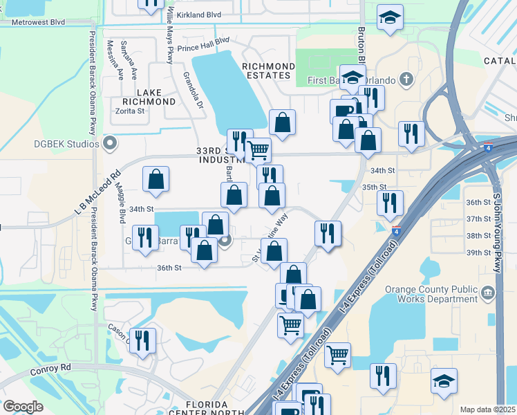 map of restaurants, bars, coffee shops, grocery stores, and more near 4315 34th Street in Orlando