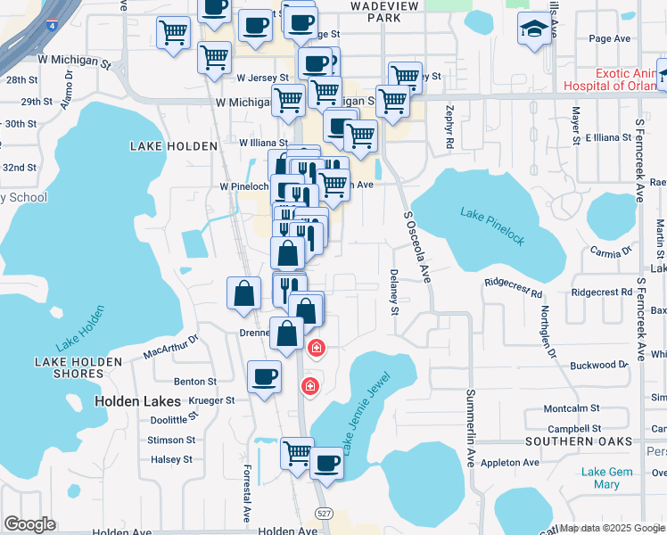 map of restaurants, bars, coffee shops, grocery stores, and more near 3349 South Orange Avenue in Orlando