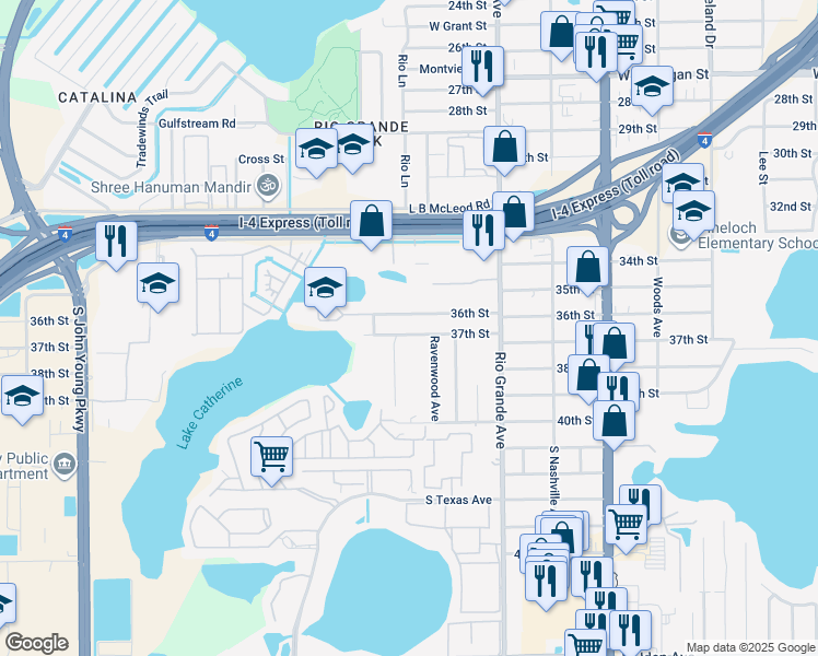 map of restaurants, bars, coffee shops, grocery stores, and more near 1805 37th Street in Orlando