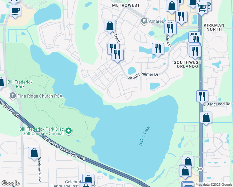map of restaurants, bars, coffee shops, grocery stores, and more near 3338 Robert Trent Jones Drive in Orlando