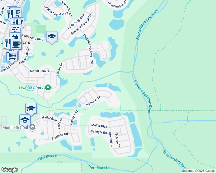 map of restaurants, bars, coffee shops, grocery stores, and more near 14557 Michener Trail in Orlando
