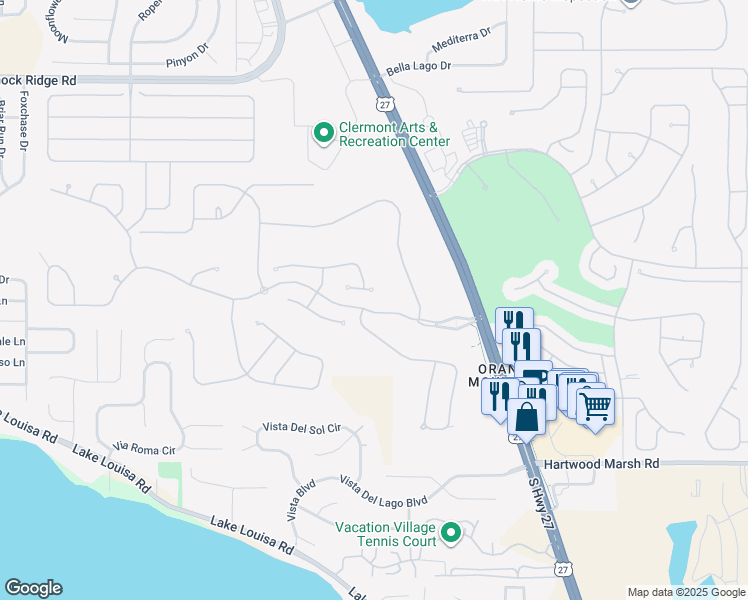 map of restaurants, bars, coffee shops, grocery stores, and more near 1622 Orangethorpe Lane in Clermont